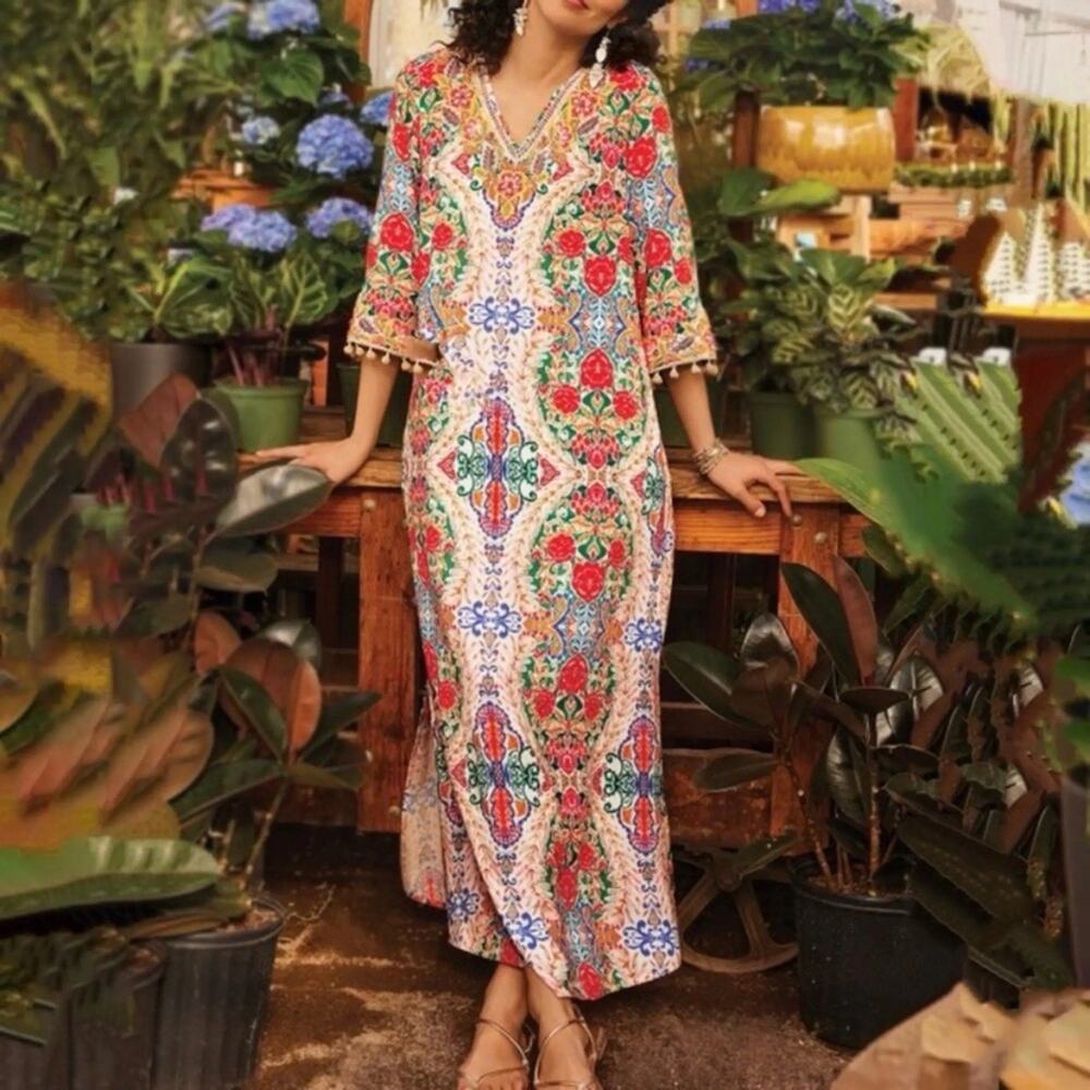 Soft Surroundings Ipanema Kaftan‎ Dress L Embroidered Challis Maxi Dress Beaded